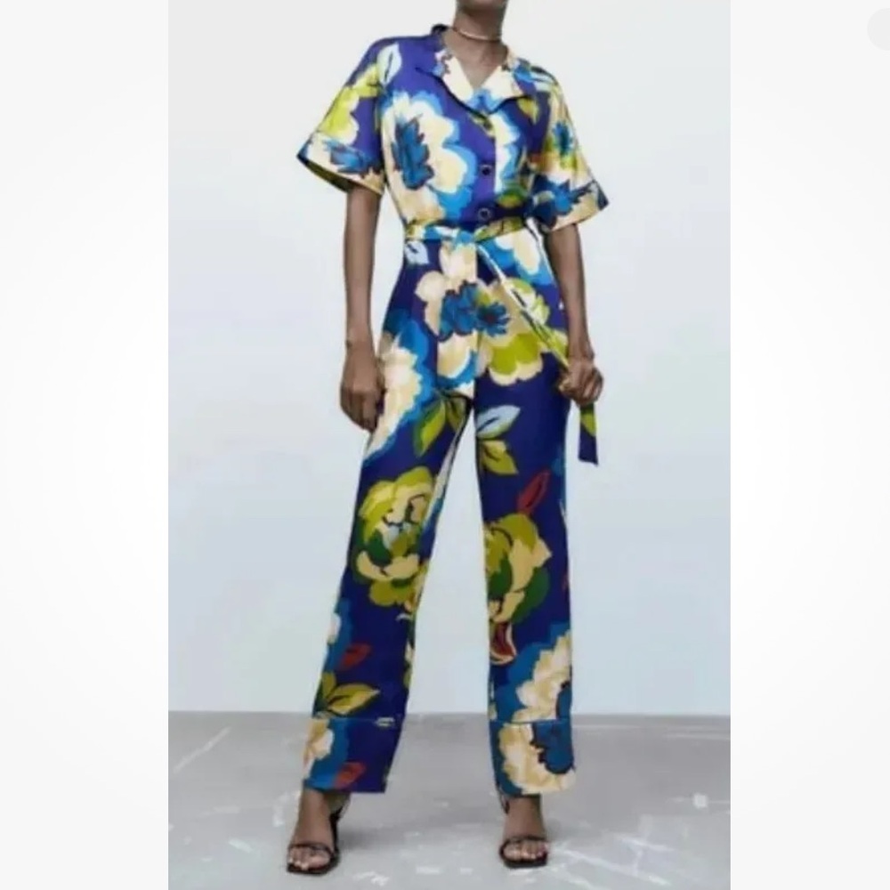 ZARA Women’s Giant Floral Tropical Printed Satin Belted Romper NWT XS